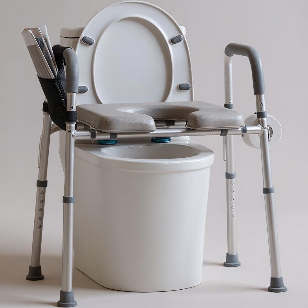 Commode Krzesło nocne dla seniorów z wyściełanym siedziskiem i podłokietnikami, 5-stopniowa regulacja wysokości, podwyższenie deski sedesowej do przenoszenia 136 kg