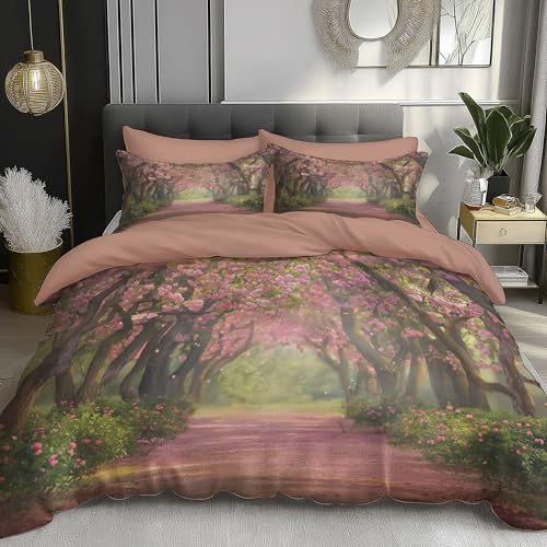 Juego De Cama - Funda Nórdica De Microfibra, Estampado 3D Hermoso Paisaje Juego De Cama De Piezas con Cremallera, para Niñas Niños (Cerezo Sunshine,240X260Cm+2Funda De Almohada)