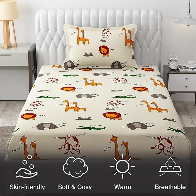 Image of RD FABS Glace Cotton Wrinkle Free Soft Hypoallergenic Bed Sheet with 2 Pillow Cover,Cartoon Printed,Double Bed King Size Bedsheet for Kids Room Boys Girls(90x95 Inches /Cream /Animal),144 TC