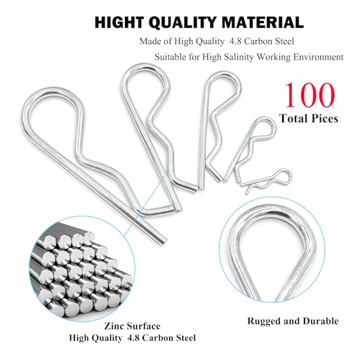 Image of 100 Pcs Hitch Pin Clip R Clips Retaining Pins Tractor Cotter Pin Hair Pin Assortment Spring Clip Retainer Pins Hitch Keeper Pins Kit for Dolly Pins /Trailer Pin Clips /Hand Ttruck Pin Replacement