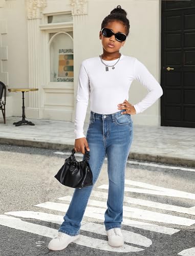Girls Jeans Flare High Elastic Waist Denim Pants Bell Bottom Stretch Cute Y2K Streetwear with Pockets 7-14Y3