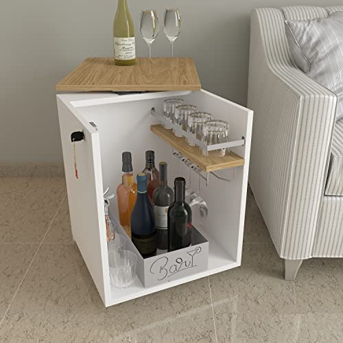 Image of Studio Kook Classic Mini Bar - 360 Revolving Wooden Home Bar Cabinet with Lock, Stainless Steel Glass Holder, Delivered Preassembled (White)