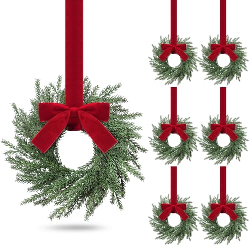 Luinabio 6 Pcs Small Christmas Norfolk Wreaths Evergreen 12.6 Inch Christmas Kitchen Cabinet Mini Wreaths Real Touch with Bow and Burgundy Ribbon for Xmas Front Door Window Home Table Pillar Decor