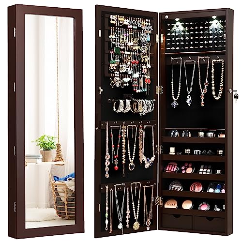 GOPLUS Armario Joyero, Espejo Joyero de Pared, con Luces LED y Cierre, llaves, Almacenamiento para Pendiente Collar, Organizador de Maquillaje con Espejo y 2 Cajones (Marrón, 108 x 37 x 9,5 cm)