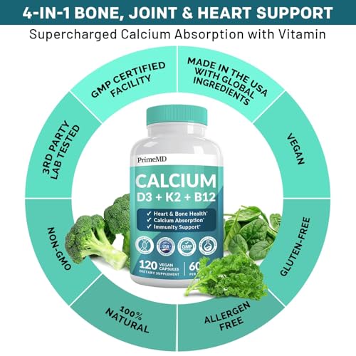 PrimeMD 4-in-1 Calcium Supplements for Women & Men - Calcium 600mg with Vitamin D3 K2 B12 5000 IU Supplement for Heart, Bone & Body Defenses - Gluten-Free, Non-GMO, Vegan Friendly (120 Count) - Thumbnail 3