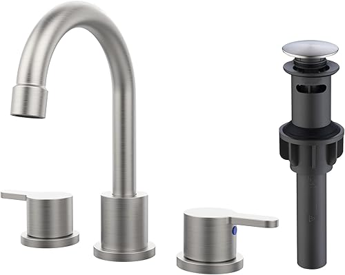 Grifo de lavabo de baño generalizado de níquel cepillado, 2 manijas, grifo de lavabo de 8 pulgadas, 3 orificios, boquilla giratoria de 360, grifos