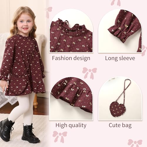 Happy Town Toddler Baby Girl Dress Ruffle Long Sleeve Floral Embroidered Dresses with Bag Fall Winter Outfit Clothes(18-24 Months,Wine Red)