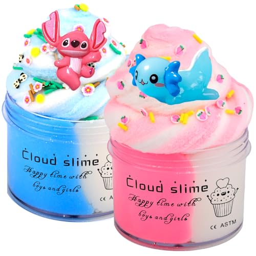 2 Pack Cloud Slime Kit for Kids Party Favors, Premade Dual Colors Soft Snow Slime, DIY Toy Gifts for Boys Girls 5 6 7 8 9 10(100ML Each)