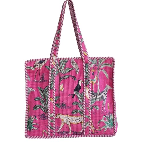 Image of 100% Cotton Jungle Print Shoulder Bag Tote Bag Women Reversible Shopping Bag and Grocery Bags Stylish Travel Bag Gift for Her