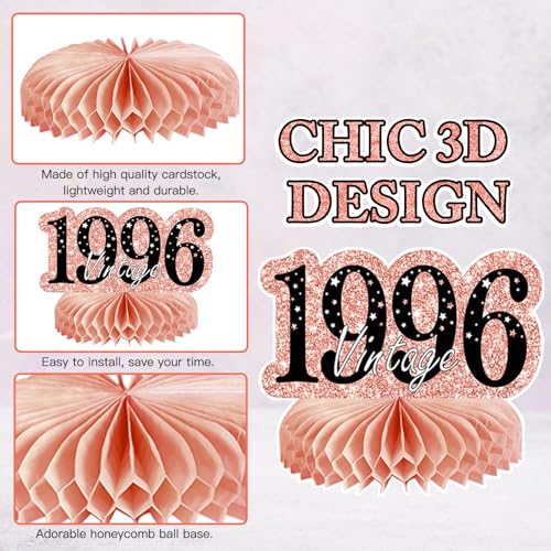 Image of 9Pcs 30th Birthday Decorations Honeycomb Centerpieces for Women, Rose Gold Pink Happy 30th Birthday Centerpieces Tables Toppers Party Decorations Supplies, Vintage 1996 Aged Table Sign Decor