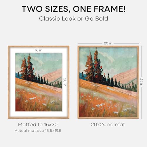 Image of Homeforia 20x24 Picture Frame Wood, High End Natural Oak 20x24 Frame Matted to 16x20 Photo, 20 x 24 Light Wooden Poster Frames with Mat 16 by 20, 24by20 Thin Frames, Tempered Glass, Wall Kit, Set of 1