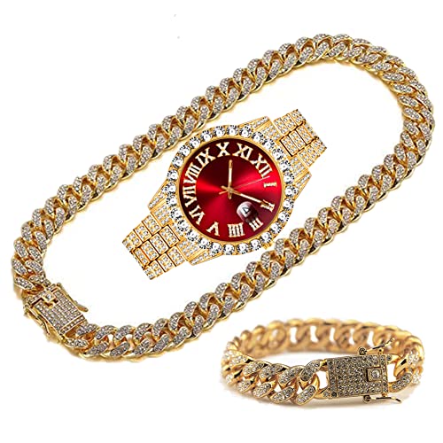 Reloj de diamantes redondos y cadena cubana con acabados finos de joyería oro y plata