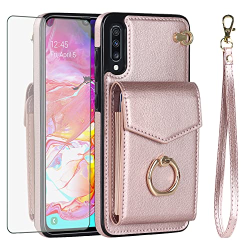 Étui Samsung Galaxy A50 Coque Portefeuille Or Rose Premium avec Verre Trempé et Anneau de Support