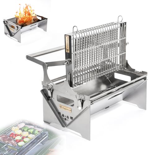 Parrilla de carbón con rotación de 360°, bandeja extraíble, marco de acero ajustable, barbacoa abatible de acero inoxidable para picnics al aire libre y fiestas en el patio