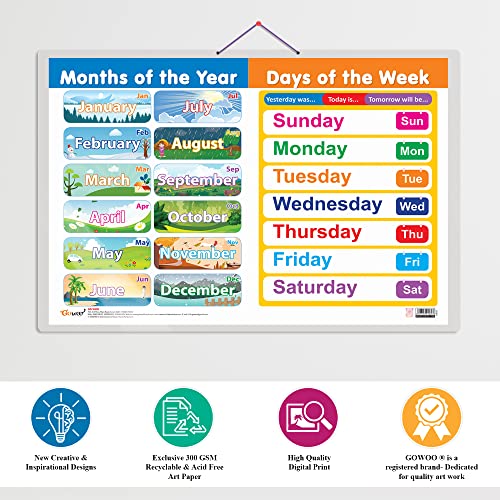 Image of MONTHS OF THE YEAR AND DAYS OF THE WEEK Educational chart with Big font and Dust resistant Lamination | 300 GSM Recyclable Chart SAHIL