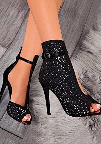 jianchi Sexy Stiletto High-Heeled Hot-drilled Buckle Fashion Fish Mouth Sandals Fashion Wedding Banquet Dress Shoes Plus Size High Heels (Color : Black, Shoe Size : 9)3