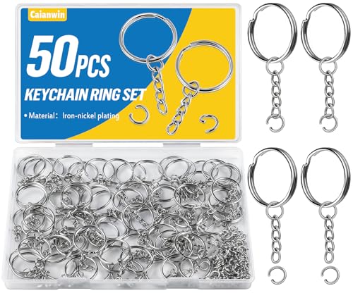 Caianwin 50 Stück 25mm Schlüsselring mit Kette und Spaltring Silber Keyring Metall Schlüsselring Ringe Paket für Schlüssel Handwerk Diy Bastelarbeiten Schmuckherstellung