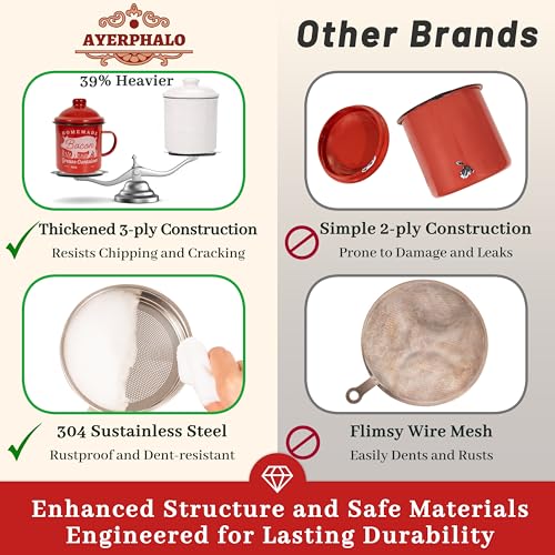 Image of Ayerphalo Bacon Grease Container with Strainer - With Food-Grade Silicone Spatula, 24oz Enamel Rustic Farmhouse Fat Container, Keeper, Recipes, Dishwasher Safe