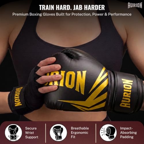 Image of Aurion Boxing Gloves 16oz for Men | Premium PU Leather | 4-Layer Impact Protection | Breathable Mesh Palm | Wrist Support | Kickboxing, MMA, Sparring, Heavy Bag Training | (Black Gold)