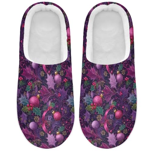 Fuzzy Memory Foam Slippers for Women/Men Ribbon Christmas Ball Leaves Pattern Fluffy Winter House Shoes Indoor and Outdoor2