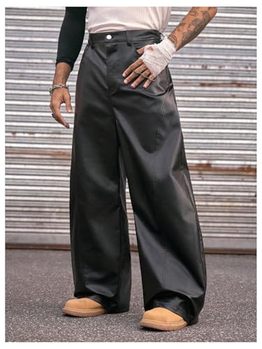Men's Faux Leather Baggy Pants Y2K Wide Leg Pants Straight Leg Casual Leather Trousers with Pockets Streetwear3