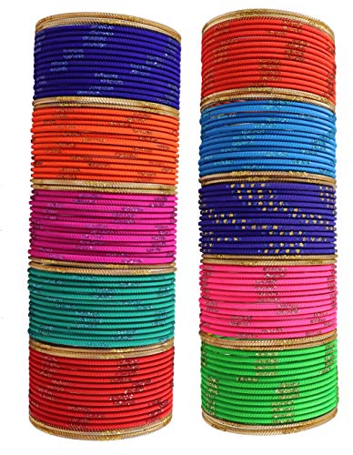 ZULKA Get your traditions Non-Precious Metal with Base Metal Zari Dotted Glossy and Glossy Finished Bangle set for Women and Girls, (Multi6_2.8 inches), Pack of 144 Bangles