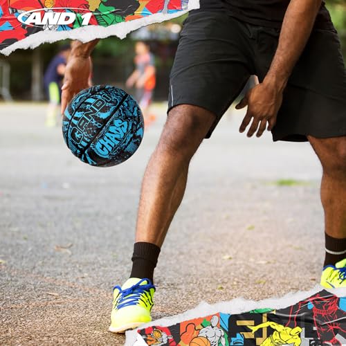 Image of AND1 Chaos Basketball & Pump (Jungle Series)- Official Size 7 (29.5 inch) Streetball, Made for Indoor and Outdoor Basketball Games (Blue /Black)