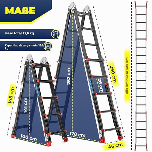 Miniatura 2 de Masko Escalera De Aluminio Multifunción 5,10m 4x5 Peldaños Escalera Telescópica Escalera Multifunción Escalera Plegable