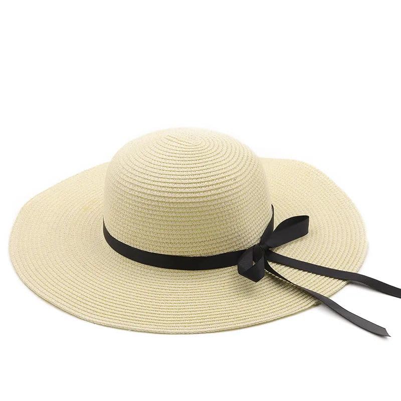Women's Wide Brim Straw Sun Hat with Black Ribbon Bow, Beige, Beach Summer Cap-image-3
