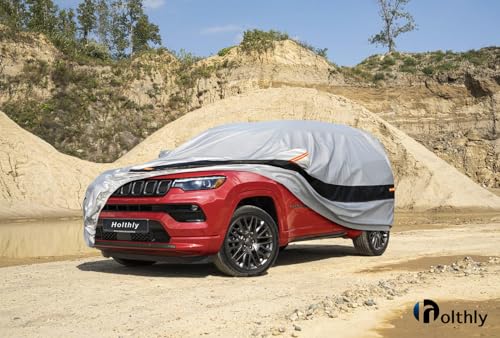 Image of Holhtly Car Cover Custom Fit for Jeep Compass, Car Covers for Automobiles All Weather Waterproof Sun Snow Rain Wind Dust Protection, Outdoor Car Cover Gray & Black