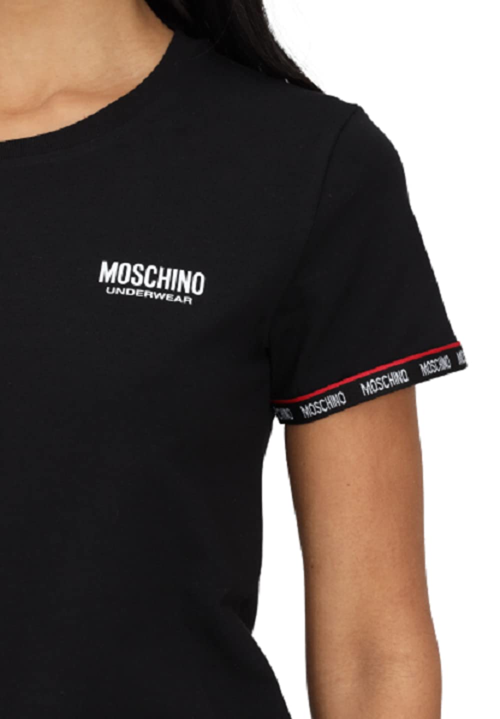 Moschino Damen-T-Shirt Schwarz mit elastischem Band Logo Saum Ärmel