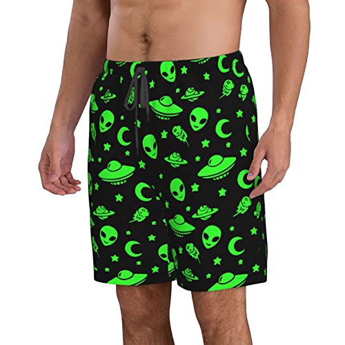 Mens Big &Tall Classic-Fit Cargo Short for Beach/Athletic/Workout Green Alien Moon Spaceships Planet Black Swim Trunks Medium2