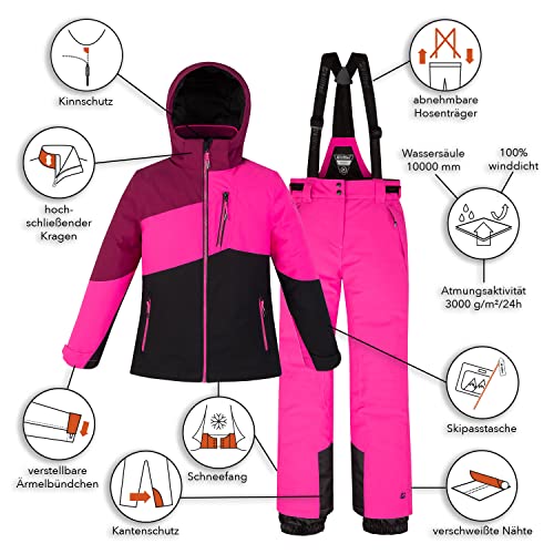 Foto von Killtec Mädchen Skianzug Größe 140 wasserdicht 10.000 mm Wassersäule - Skijacke Pink Schwarz, Skihose Pink