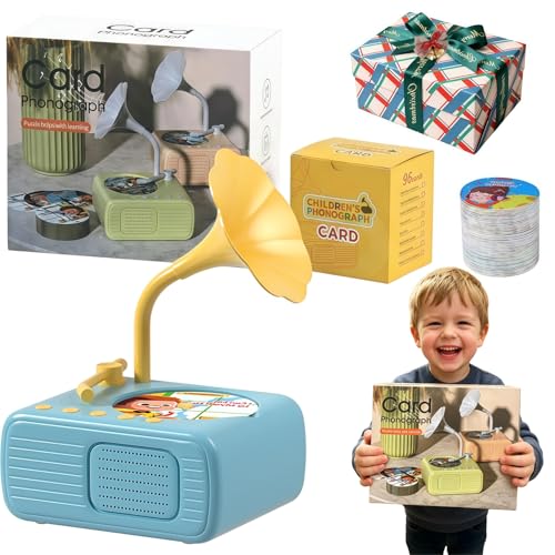 Laughlctic Kids Phonograph with 96 Cards + 8 Recordable Cards Toddler Card Phonograph Screen-Free Audio Story Machine Personalized Gift for Boys Girls Ages 3+(Blue)