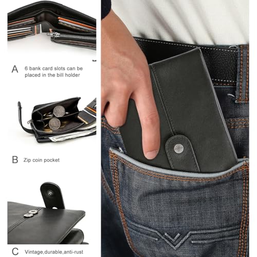 Contacts Bifold Wallet for Men Leather RFID Blocking Purse with Zipper Coin Pocket Large Capacity Card Holder with 13 Card Slots (Black)3