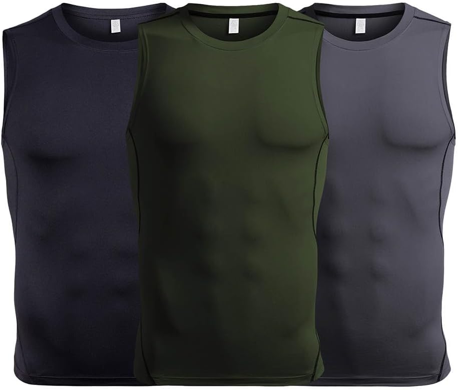 Men 3pack Compression Tank Top, Slimming Undershirt, Under Armor Compression Shirt Pack Athletic Base Layer Sport Tank Top