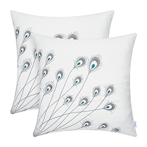 Pack Of 2 Calitime Supersoft Throw Pillow Covers Cases For Couch Bed Sofa Decor Peacock Feathers Embroidered 18 X 18 Inches White #TOP11