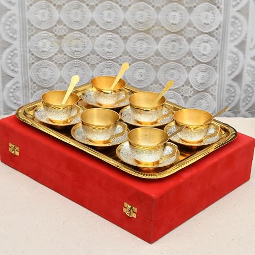 Image of Silver Plated Cup Saucer Set with Tray in Velvet Box | Cup Saucer Set of (6 Cups + 6 Saucer 6 Spoon + 1 Tray) | Luxury Handcrafted | Dishwasher Safe | Ideal for Daily Use & Gifting |