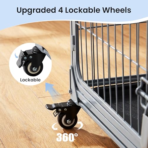 ZOMISIA Collapsible Dog Crate for Large Dogs - 42 inch Escape Proof Double Door Metal Dog Kennel with Lockable Wheels, Easy Assembly Foldable Cage with Removable Tray, Indoor Outdoor Use, Silver Gray by ZOMISIA - Image 3