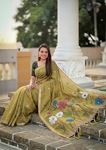 Image of SGF11 Women's Soft Cotton Linen Silk Saree With Blouse Piece