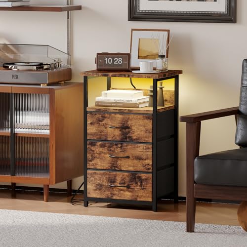 Image of Fixwal Night Stand with Charging Station, LED Nightstand with Fabric Drawers, End Table with PU Finish, Bed Side Table, Rustic Brown (Pack of 2)