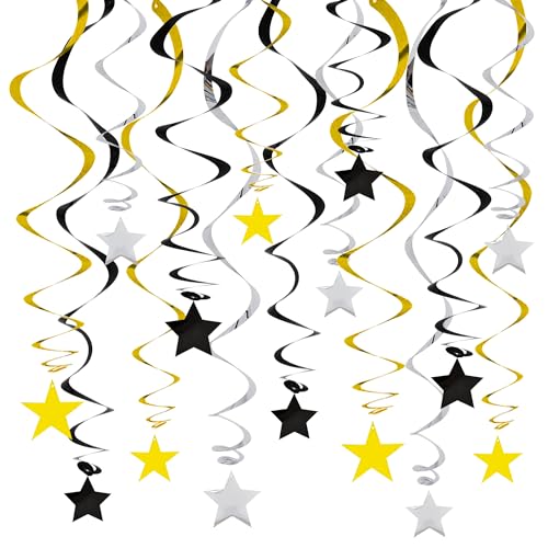 Image of BEISHIDA Black Gold Silver Star Hanging Swirl Decorations,Graduation Birthday Hanging Party Supplies for Graduation Wedding Baby Shower Birthday Decorations,Pack of 15