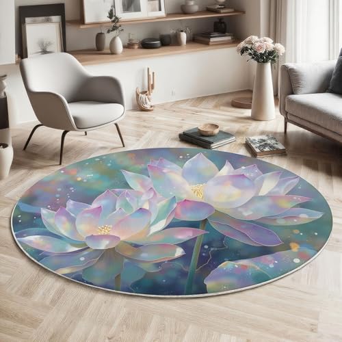 Tapis rond imprimé lotus cyan 60cm lavable machine - 3