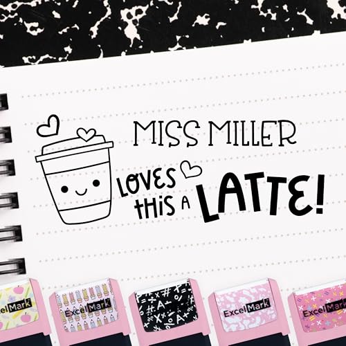 ExcelMark Personalized Teacher Stamps for Classroom - Custom Stamps for Grading - Puns of Praise with 12 Stylish Mount Patterns (Pink Mount Loves This a Latte)