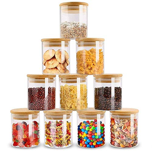 ZPGXLRZ 10 Piece Glass Storage Jars Set with Airtight Bamboo Lids 6oz Glass Spice Jars-Mini Food Storage Containers for Home Kitchen Tea Herbs Sugar Salt Coffee Flour Herbs Grains