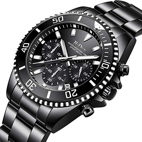 Image of Mens Watches Chronograph Black Stainless Steel Waterproof Date Analog Quartz Watch Business Wrist Watches for Men