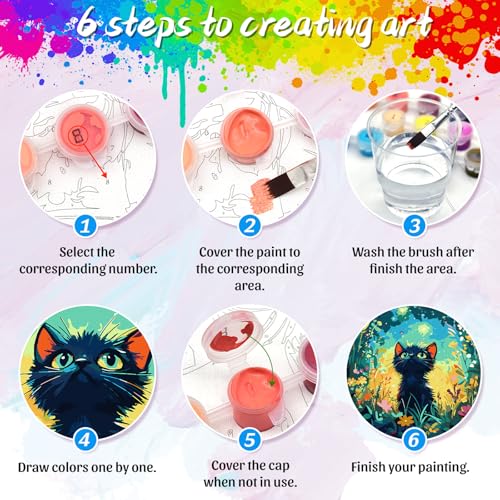 Yunnuo Black Cat Paint by Numbers Kit for Adults Beginner,16x20 inch Canvas Paint by Number Kits with 3 Brushes,Starry Night Cat Number Painting for Adults,Perfect for Home Decor and Gift — view 6