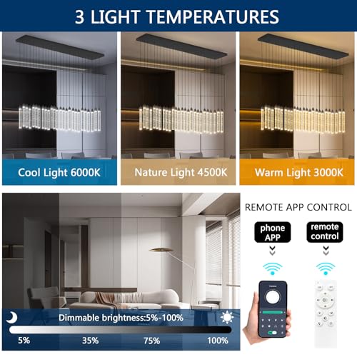 Image of Rectangular Chandeliers 26-Lights Long Light for Entryway LED Dimmable Chandeliers Lighting Fixture Flat Sloped High Ceiling Pendant Lights Crystal for Living Room Foyer Hallway Staircase Black