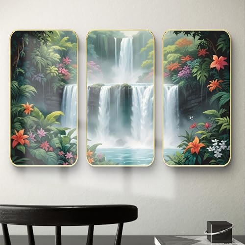Image of Livin'luxe Set of 3 Waterfall Nature scenery modern art Boho painting Premium Framed Laminated Wall paintings for living room, bedroom, home decoration, wall decoration 20 inch x 30 inch SP-16