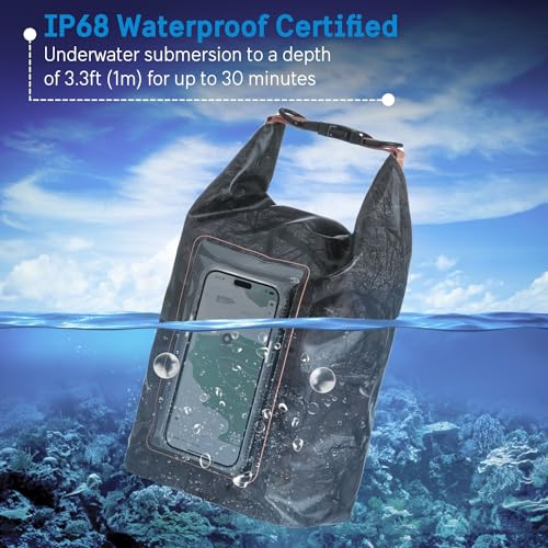 Image of Pelican Marine IP68 Waterproof Dry Bag 5L w /Phone Pouch /Case - Hunter Camo | Roll Top Waterproof Backpack with Touchscreen Phone Pouch - Swimming, Kayaking, Camping, Rafting, Fishing & Travel Essentials